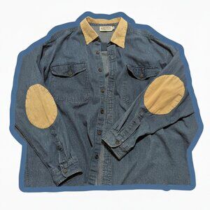Denim Button-Up Shirt with Suede Collar and Elbows